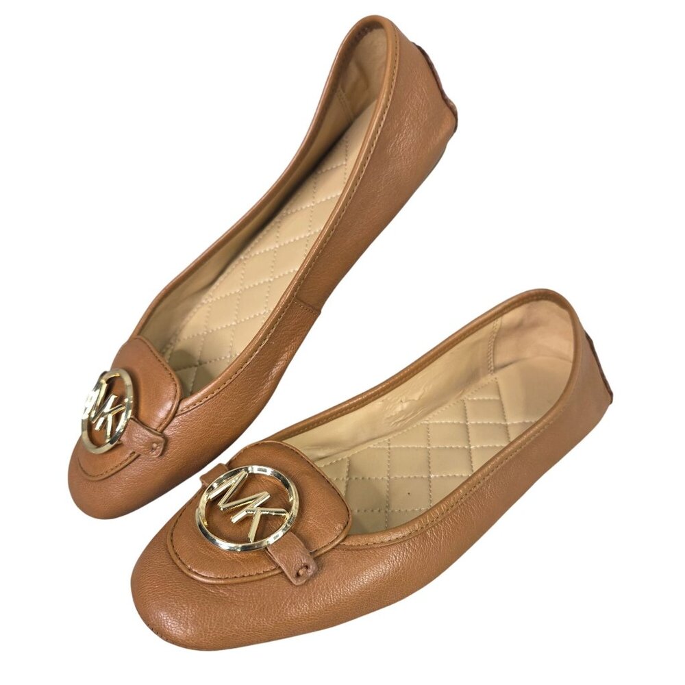Womens Michael Kors Tan Leather Ballet Flats W/ Gold MK Logo Quilted Insole 9M
